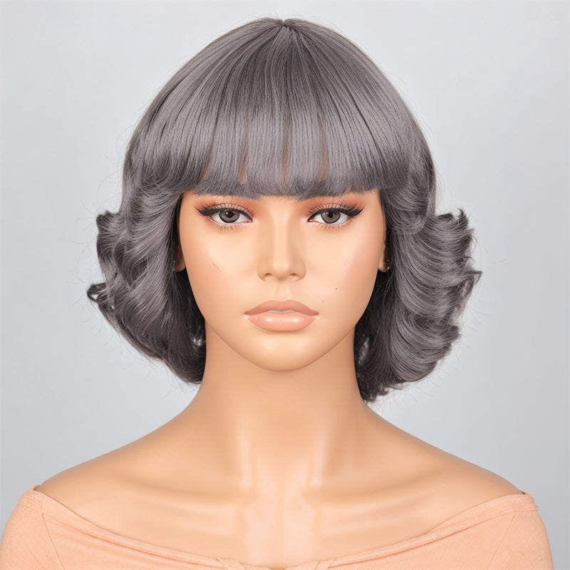 Salt And Pepper Remy Hair Bob Wig with Bangs Body Deep Wave For Black Woman
