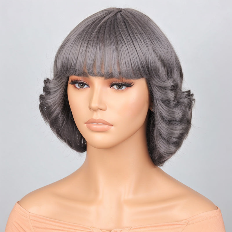 Salt And Pepper Remy Hair Bob Wig with Bangs Body Deep Wave For Black Woman