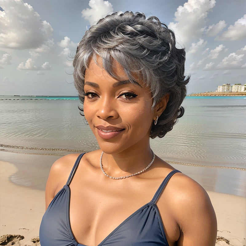 Salt And Pepper Short Curly Wig Layered Bob Human Ladies Hair Wigs With Bangs