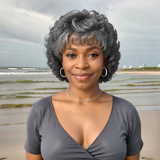 Salt And Pepper Short Curly Wig Layered Bob Human Ladies Hair Wigs With Bangs