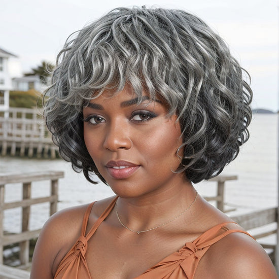 Salt And Pepper Wig/Black Mix Brown Short Natural Wave Bob Glueless Wig With Bangs For Black Women