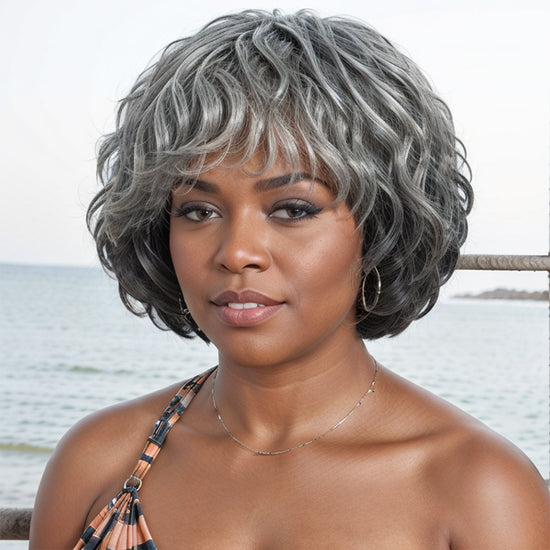 Salt And Pepper Wig/Black Mix Brown Short Natural Wave Bob Glueless Wig With Bangs For Black Women