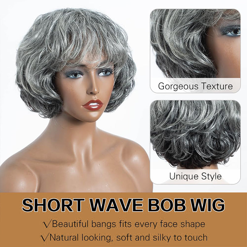 Salt And Pepper Wig/Black Mix Brown Short Natural Wave Bob Glueless Wig With Bangs For Black Women