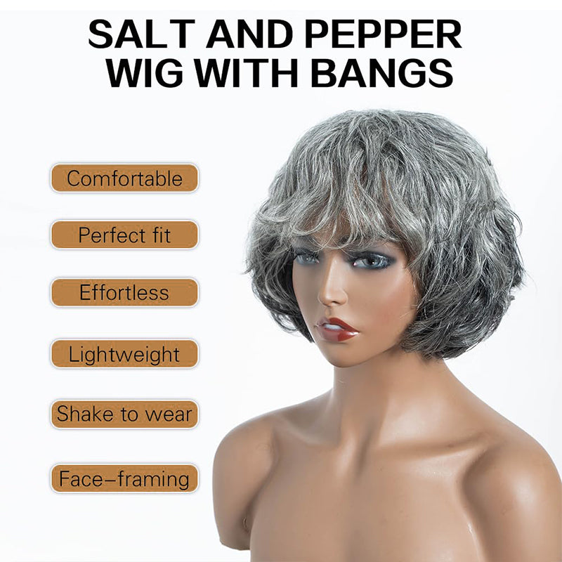 Salt And Pepper Wig/Black Mix Brown Short Natural Wave Bob Glueless Wig With Bangs For Black Women