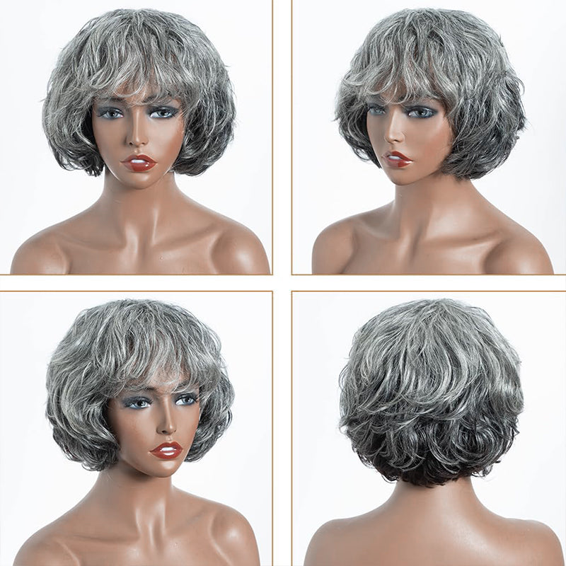 Salt And Pepper Wig/Black Mix Brown Short Natural Wave Bob Glueless Wig With Bangs For Black Women