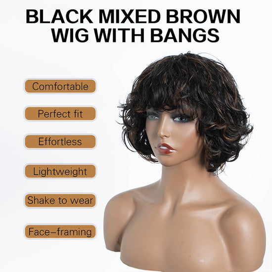 Salt And Pepper Wig/Black Mix Brown Short Natural Wave Bob Glueless Wig With Bangs For Black Women