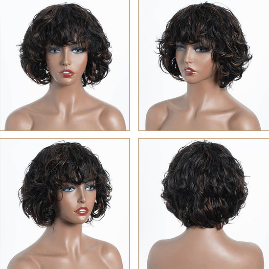 Salt And Pepper Wig/Black Mix Brown Short Natural Wave Bob Glueless Wig With Bangs For Black Women