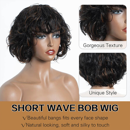 Salt And Pepper Wig/Black Mix Brown Short Natural Wave Bob Glueless Wig With Bangs For Black Women