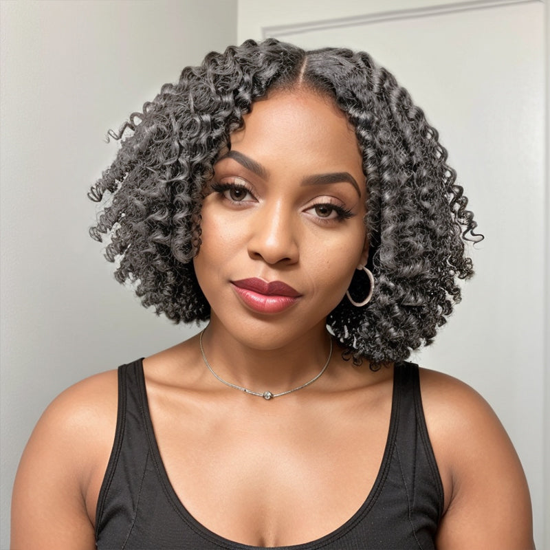 Salt And Pepper Glueless Finger Coiling Curls With Kinky Edges 5x5 Pre-cut Lace Short Bob Wigs