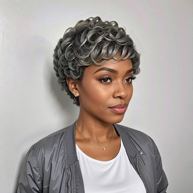 Salt And Pepper Glueless Short Chic Curly Wig With Swept Bangs 100% Human Hair Wigs