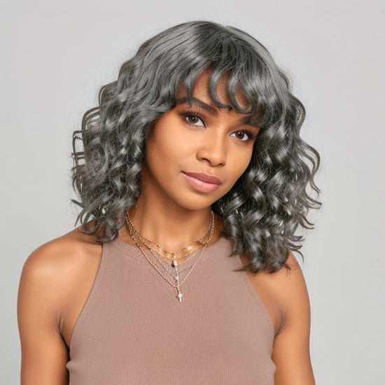 Salt And Pepper Loose Wavy Glueless Protective Style Bob Wig with Bangs Human Hair Wigs
