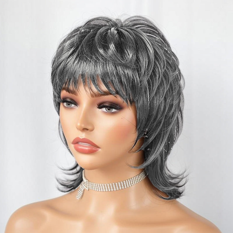 Salt And Pepper Mullet Wig Put on and Go Shaggy Layered 80s Short Pixie Cut Wig With Bangs Curly 100% Human Hair