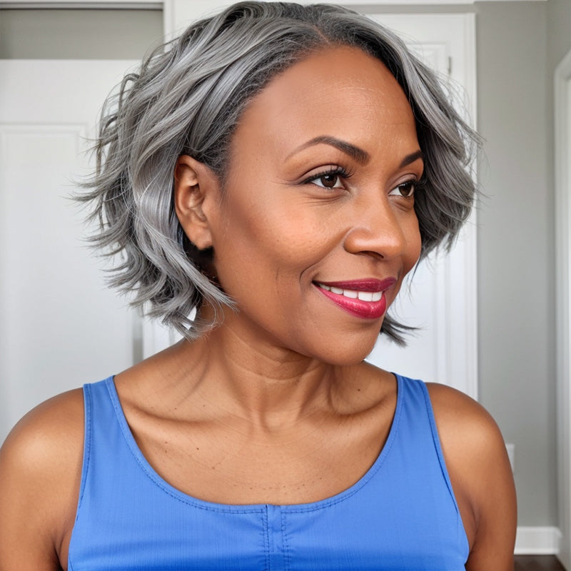Put On & Go Salt And Pepper Short Glueless 5x5 Closure Lace Wig 100% Human Hair