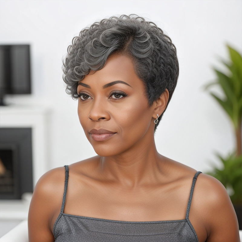 Salt And Pepper Short Pixie Cut Glueless Human Hair Wig With Bangs