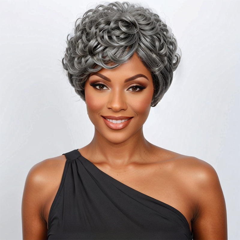 Salt And Pepper Short Pixie Cut Glueless Wig With Bangs 100 Human Hai Linktohair 3334