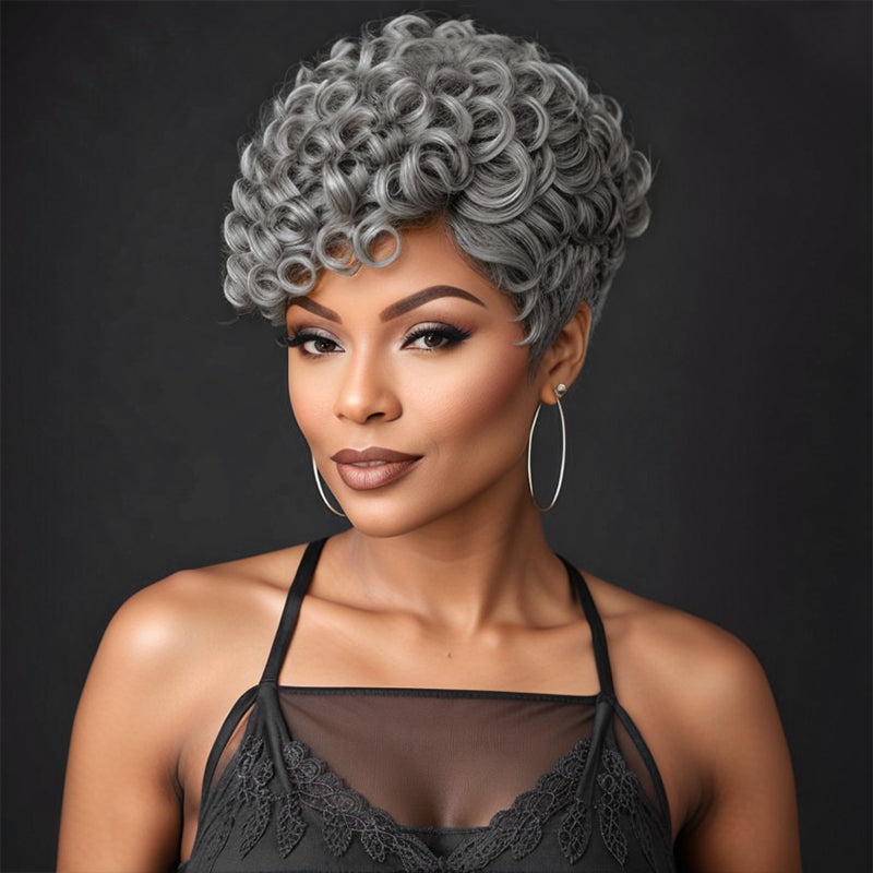 Linktohair Salt And Pepper Glueless Short Wave Wigs With Bangs Human Hair