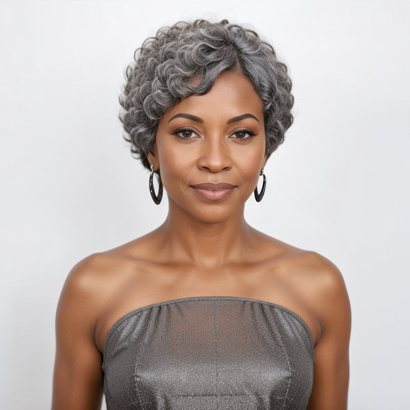 Whole Head Salt And Pepper Short Pixie Cut Glueless Human Hair Wig Wit Linktohair 1121