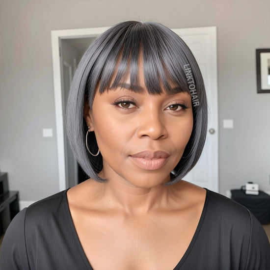 Salt And Pepper Straight Bob Wig With Bangs Beginner Friendly