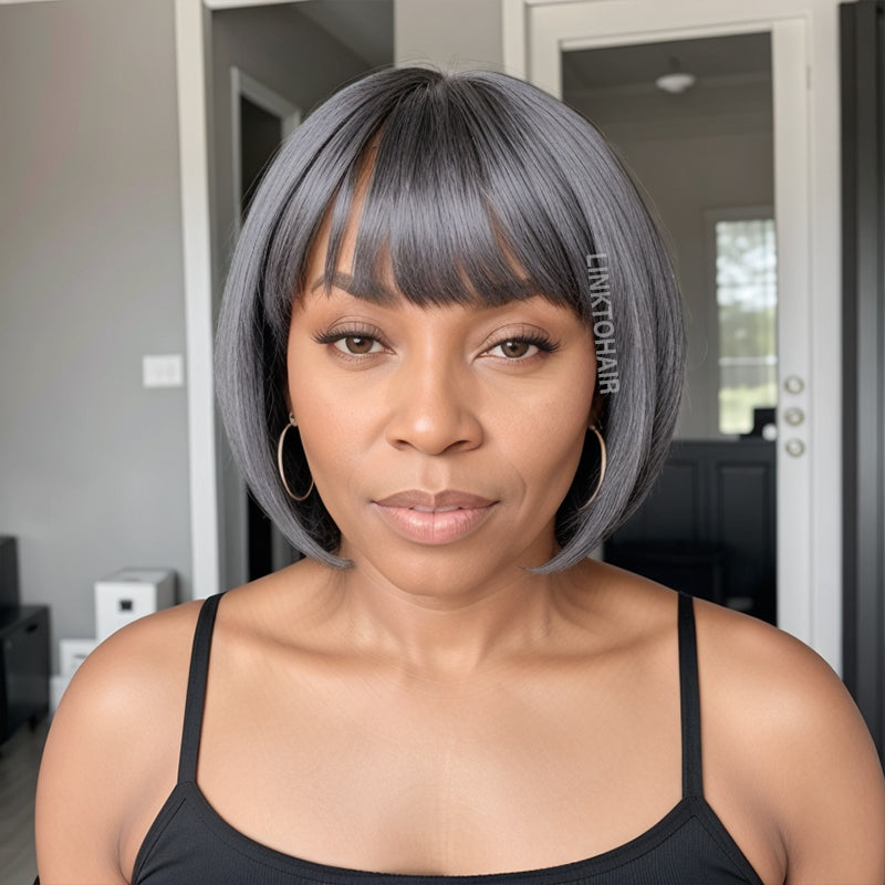 Salt And Pepper Straight Bob Wig With Bangs Beginner Friendly