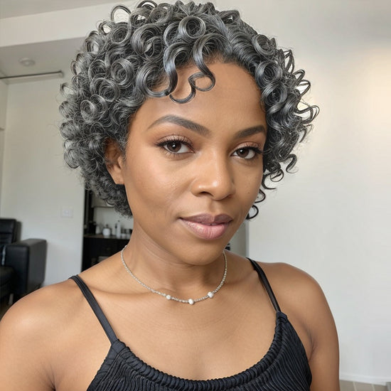 Salt and Pepper Gray /Black Short Cut Glueless 5x5 Closure Lace Deep Loose Curly Wig