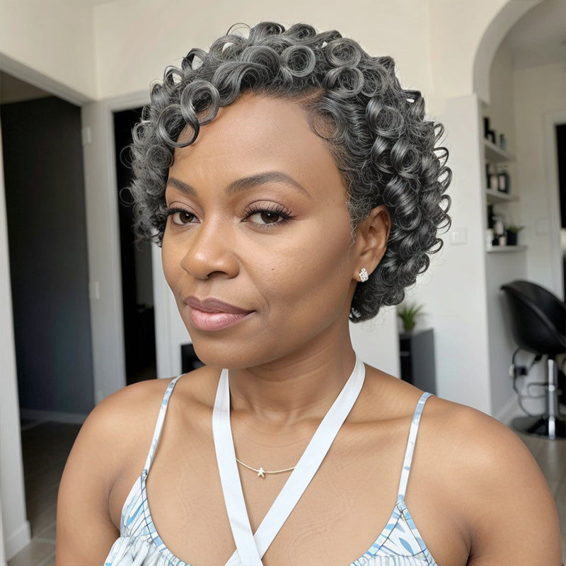 Salt and Pepper Gray /Black Short Cut Glueless 5x5 Closure Lace Deep Loose Curly Wig