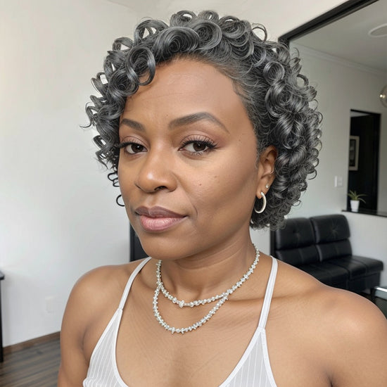 Salt and Pepper Gray /Black Short Cut Glueless 5x5 Closure Lace Deep Loose Curly Wig