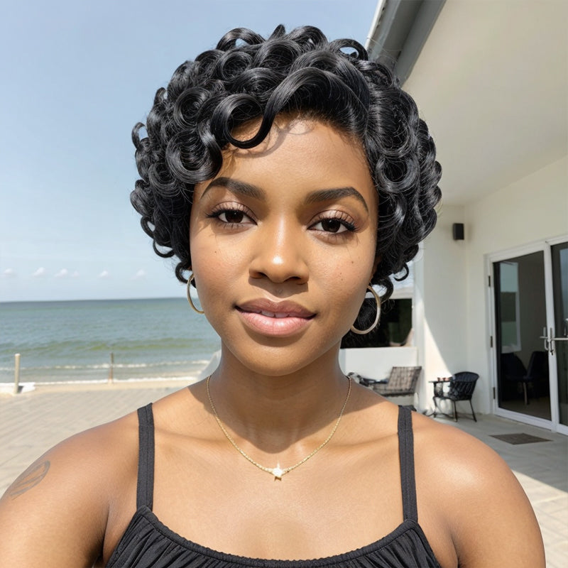 Salt and Pepper Gray /Black Short Cut Glueless 5x5 Closure Lace Deep Loose Curly Wig