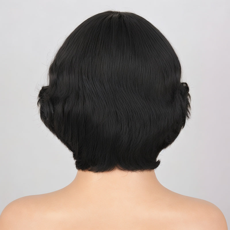Short Black /Light Brown Bob Wig with Bangs Body Deep Wave Natural Remy Human Hair Wig