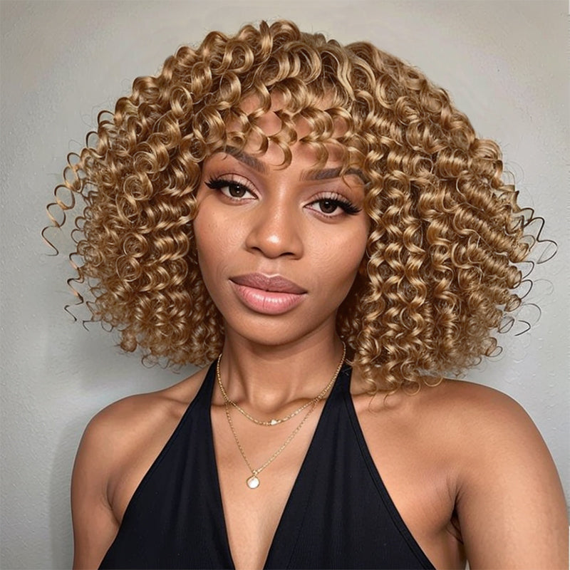 Sunny Blonde Short Cut Bob Wig Deep Wave Glueless Wigs With Bangs 100% Human Hair