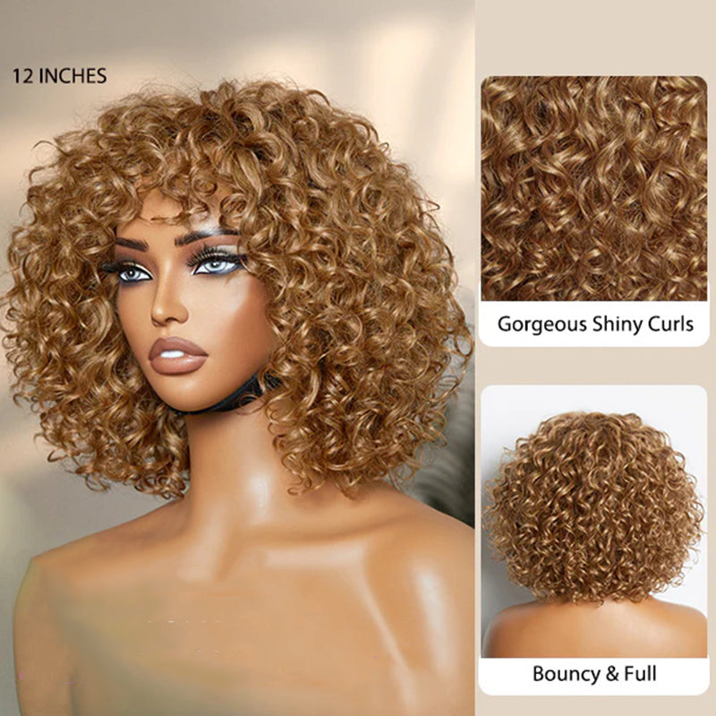 Sunny Blonde Short Cut Bob Wig Deep Wave Glueless Wigs With Bangs 100% Human Hair