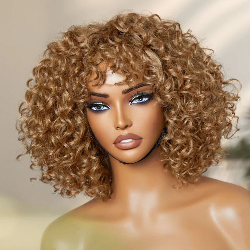 Sunny Blonde Short Cut Bob Wig Deep Wave Glueless Wigs With Bangs 100% Human Hair