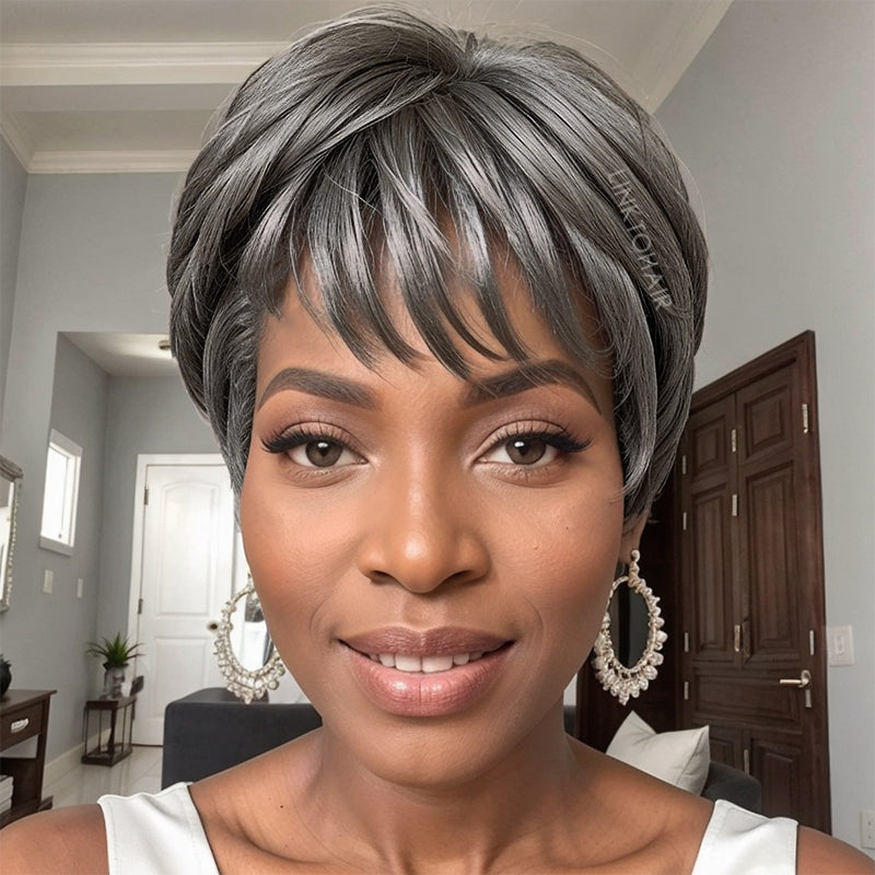 Trendy Color Salt And Pepper Layered Pixie Cut Short Wig With Bangs