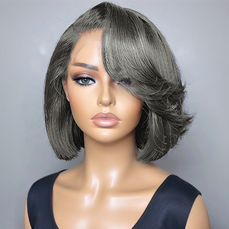 Trendy Design| Salt and Pepper Grey Glueless Wavy Bob 5x5 HD Lace Front Human Hair Wig