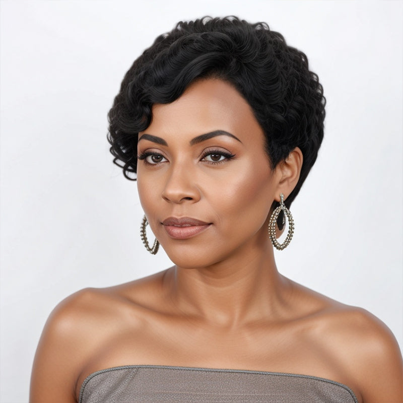 Trendy Limited Design | Natural Black Short Pixie Cuts Curly Glueless Wig With Bang 100% Human Hair