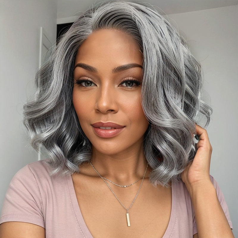 Trendy Limited Design | Salt And Pepper Body Wave Glueless 5x5 Closure Lace Bob Wig 100% Human Hair