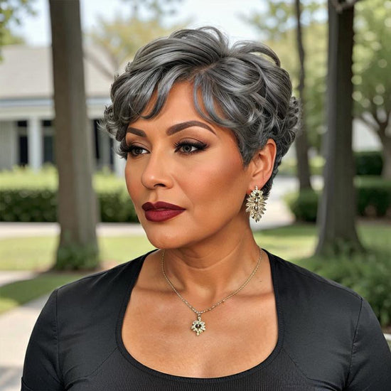 Trendy Limited Design  Salt And Pepper Short Pixie Cuts Wig With Bangs Glueless Human Hair Wigs