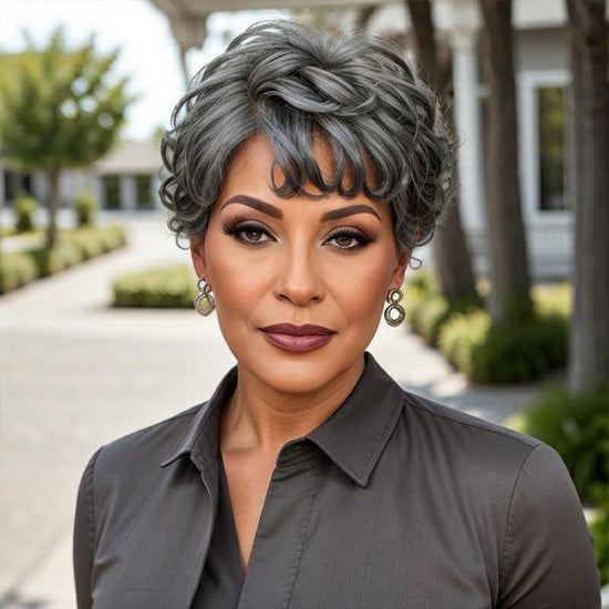 Trendy Limited Design  Salt And Pepper Short Pixie Cuts Wig With Bangs Glueless Human Hair Wigs