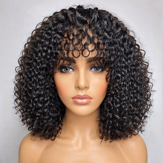 Water Wave Minimalist Lace Glueless Short Wig With Bangs 100% Human Hair