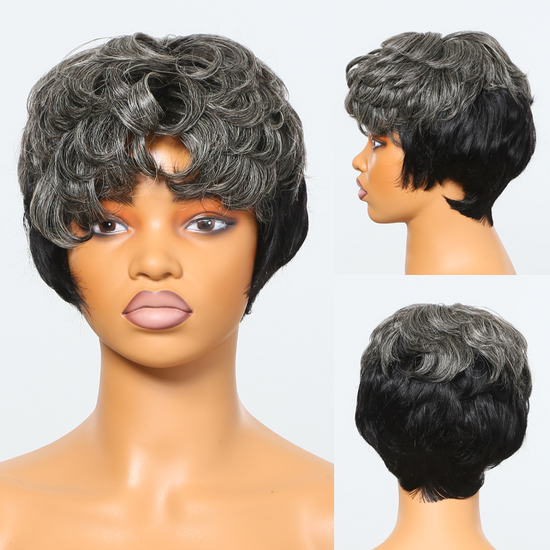 Salt And Pepper Half Black Of Back Edgy Pixie Cuts Wig With Natural Wave Bangs Glueless Human Hair Wigs